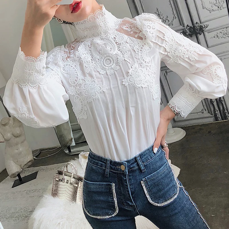 

Woman Blouses 2021 Autumn Korean Fashion Clothing New Mesh Lace Patchwork Shirt Female Stand Collar Lantern Sleeve