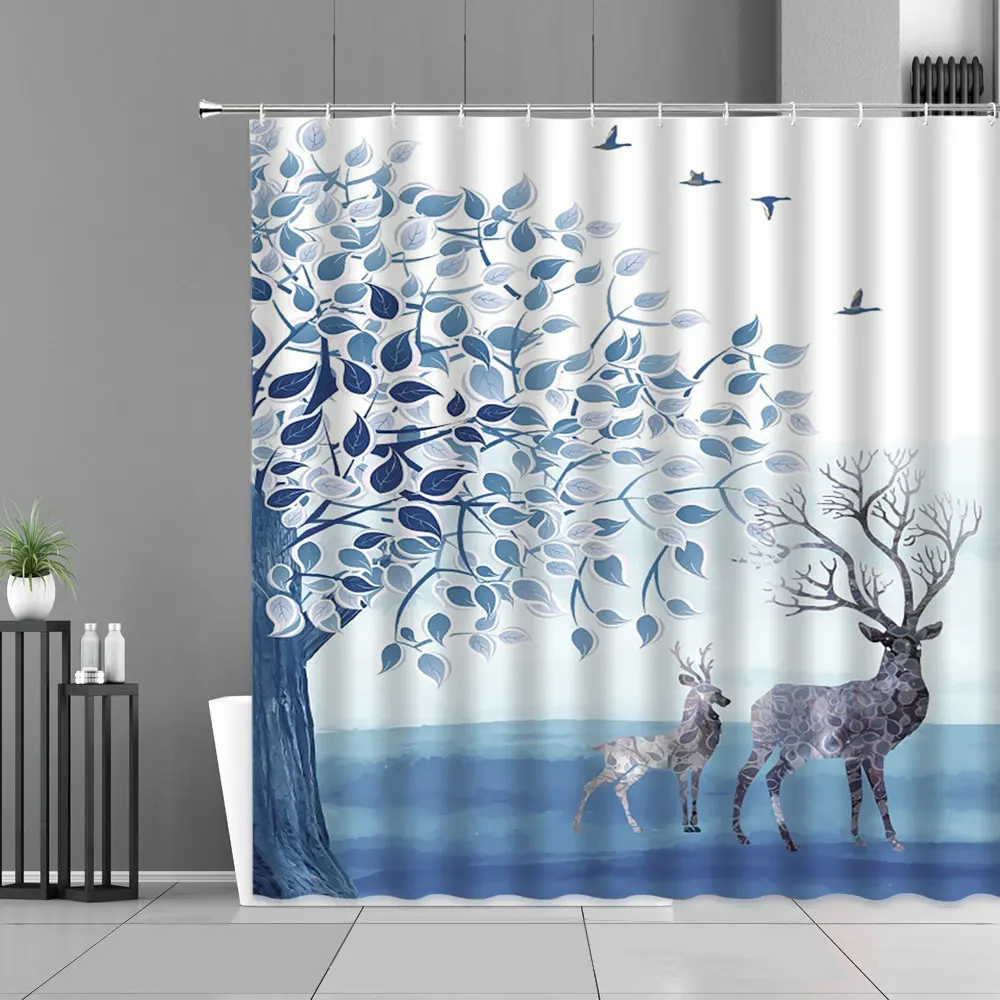 

Elk Sika Deer Cartoon Animals Shower Curtains Nordic Dream Home Decoration Living Room Bedroom Background Hanging Cloth Hook