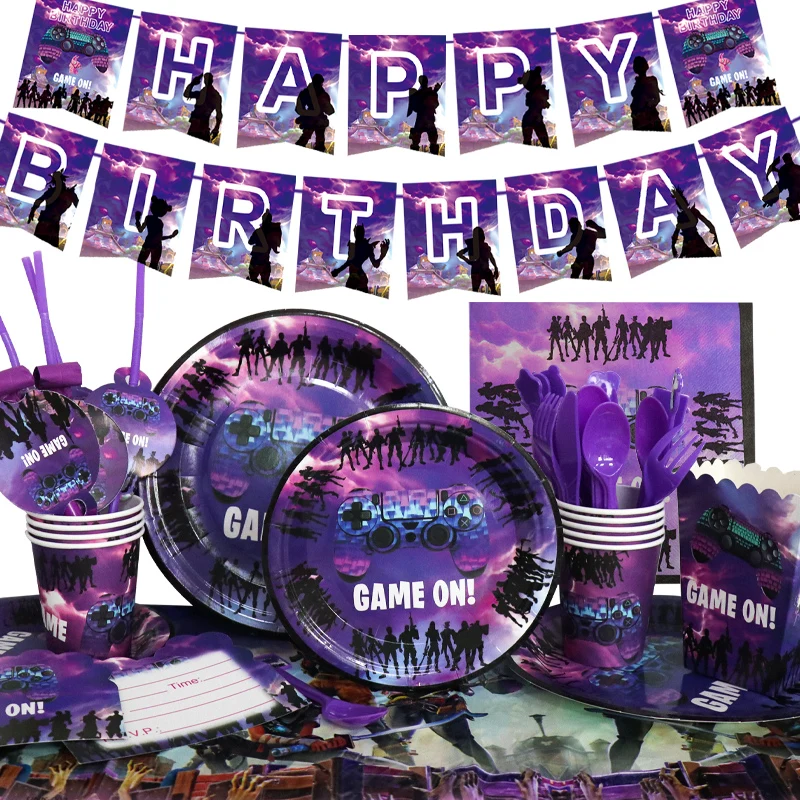 

Purple Fort Happy Birthday Holiday Party Disposable Tableware Supplies Baby Show Paper Plate Cup Paper Towel BAG