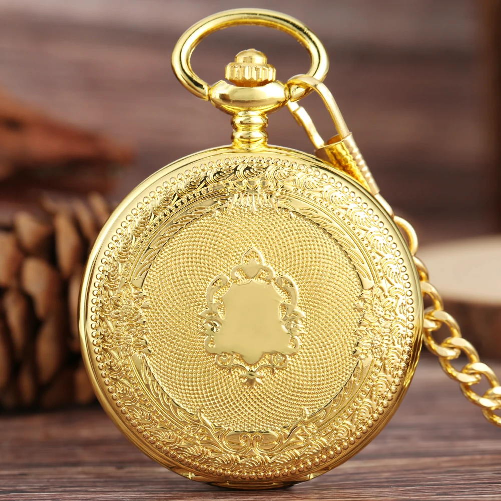 

Steampunk Luxury Gold Shield Design Skeleton Dial Mechanical Hand Winding Pocket Watch Clock for Men Women Gift With 30cm Chain