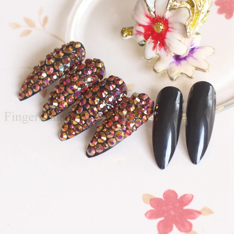 New Extra long pointed oval fake nails slim art salon nail crystal diamond nail Vampire color