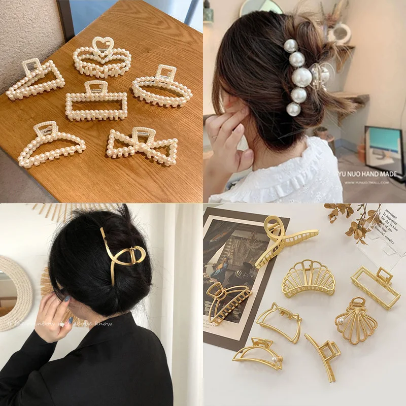 

2021 New Women Headwear Barrettes Korean Elegant Geometric Hollow Hairpin Size Pearl Hair Clip Fashion Girl Hairgrip Accessories