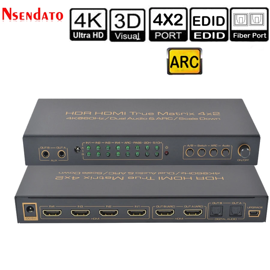 HDMI переключатель с истинной матрицей 4K 4x2 HDR Двойной аудио экстрактор адаптер