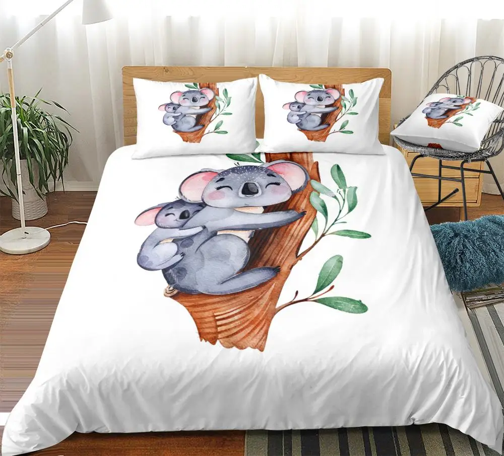 

Комплект постельного белья Koala, комплект с пододеяльником и покрывалом в виде мультяшных животных, белое одеяло с рисунком дерева и листьев, домашний текстиль в стиле коала, королевский комплект кровати, акварель с животными, Прямая поставка