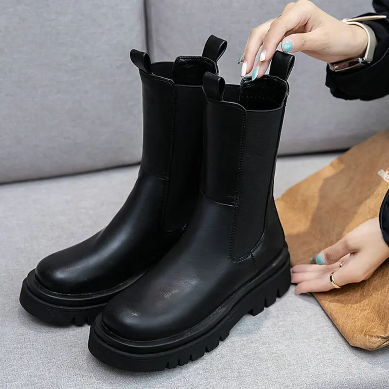 

Punk Chelsea Boots Fashion Women Black White Knight Boots Autumn Winter Martin Boots Ladies Platform Elastic Band Mid-calf Boots