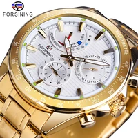 forsining power reserve design white dial mechanical watch waterproof golden stainless steel band luminous date automatic watch