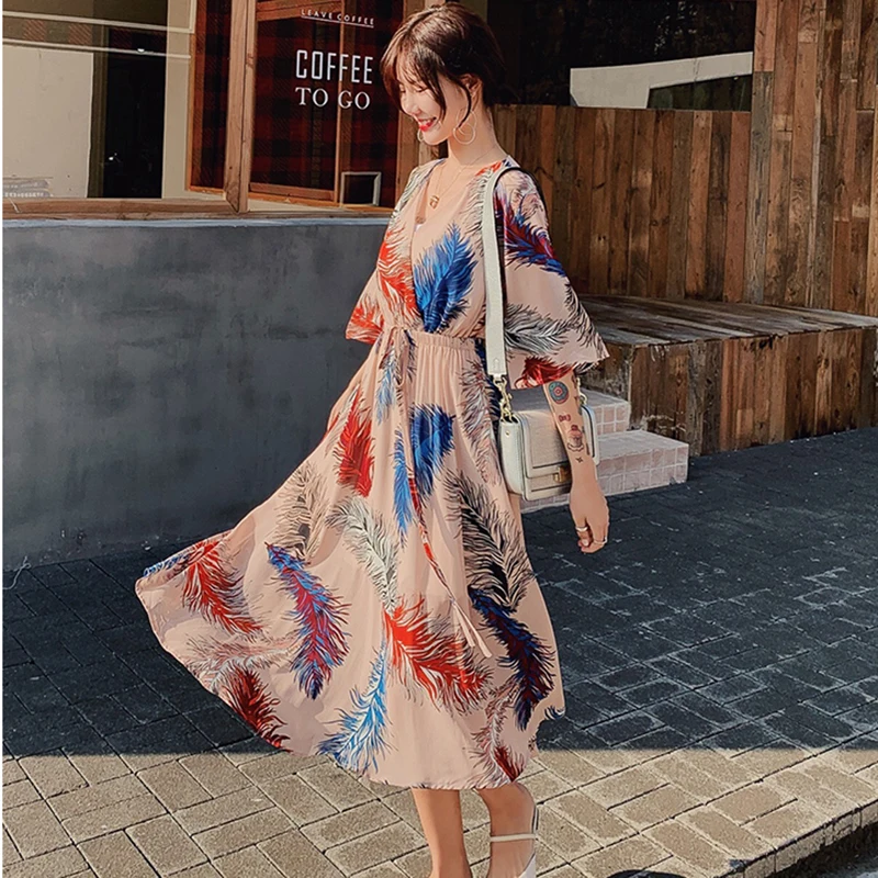 Женское длинное платье в стиле ретро элегантное праздничное Бохо с тропическим