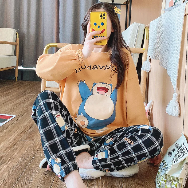 

Snorlax Spring Women Pajamas Set Leisure Sleepwear for Women Cartoon Bear Pyjamas Cotton Long Sleeve Pajama Femme 2PCS