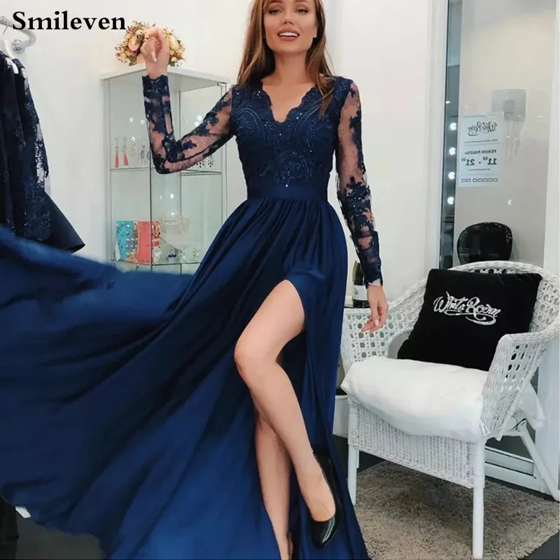 Голубое кружевное вечернее платье Smileven Nave с длинным рукавом V-образным вырезом