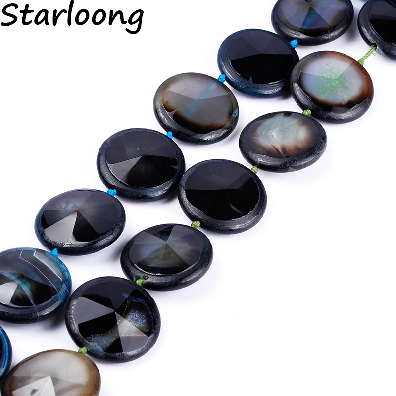 

Top Quality Semi-precious Black Blue Green Round Faceted Flat Natural Agata Stone Strand Beads DIY Making For Jewelry Necklace