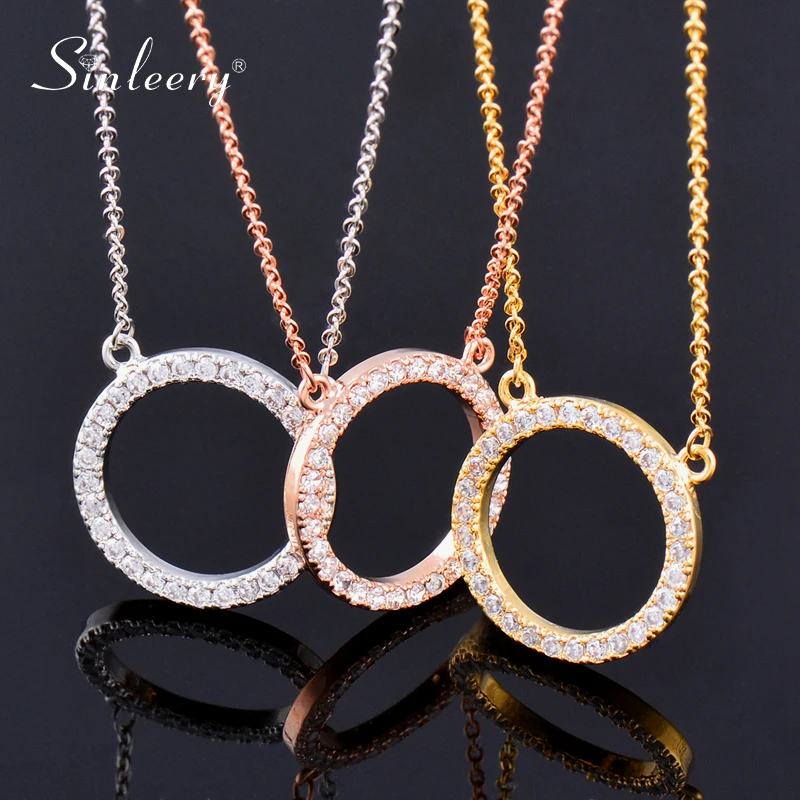 

SINLEERY Shiny Paved Tiny Crysral Circle Round Necklaces & Pendants Rose Gold Color Chain Jewelry For Women XL089 SSK