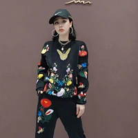 fashion embroidery flower butterfly black women knit tracksuit outfits o neck long sleeve knitwear pencil trousers casual sets