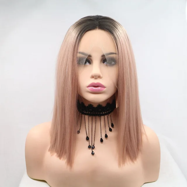 

Short Straight Bob Synthetic Lace Front Wig with Baby Hair Fashion Purplu Greeb Pink Orange Yellow Wig for Women Free Part