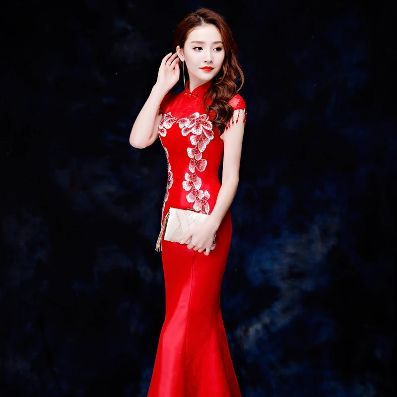 

Sleeveless Slim Mermaid Full Length Qipao Exquisite Embroidery Floral Cheongsam Female Traditional Stage Show modern qipao