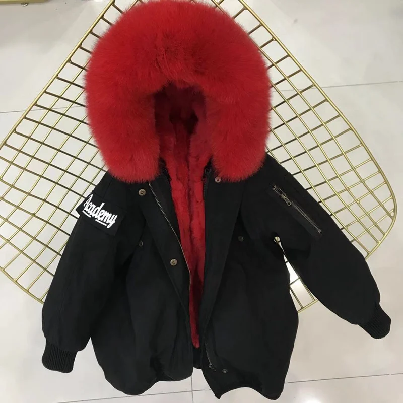 black red fur Настоящий мех кролика, парки, пальто с капюшоном из лисьего меха, Детская куртка для мальчиков и девочек, ветровка, детская зимняя одежда - Цвет: black red fur