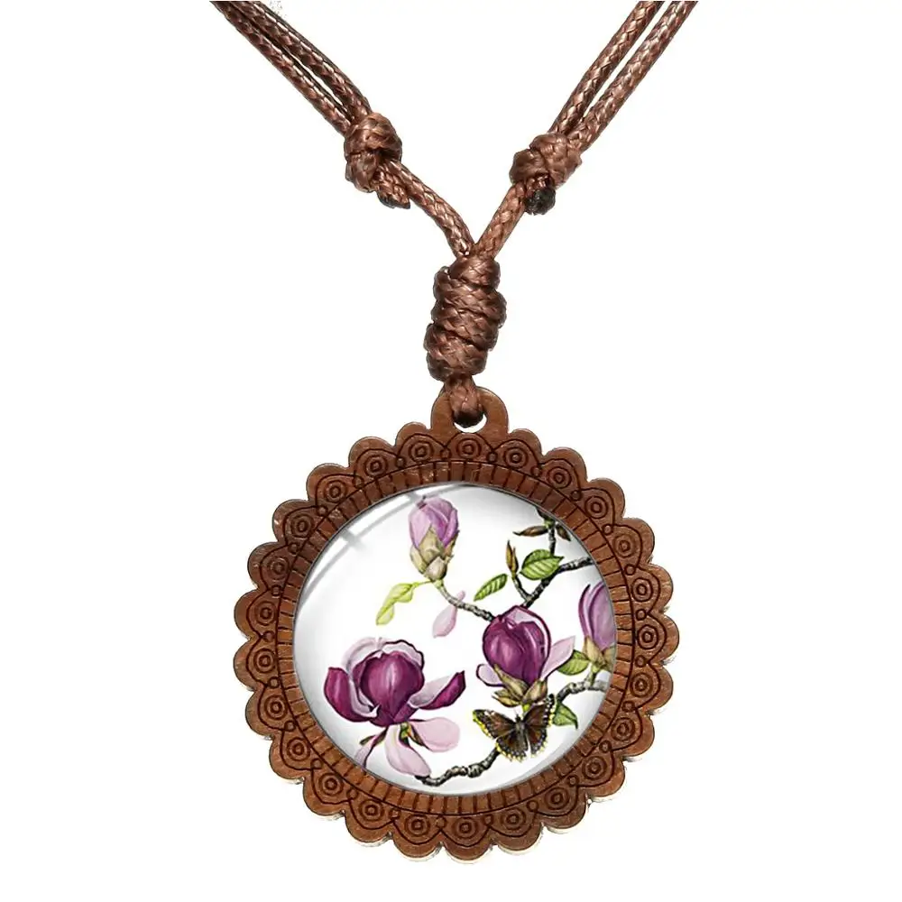 SIAN Vintage Blue Butterfly Wooden Necklace and Flower Pictures Charm Pendant Glass Dome Female Elegant Sweater Chain | Украшения и