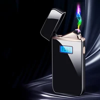 smart digital technology display touch induction cross double arc windproof metal lighter usb charging lighter gadgets for men