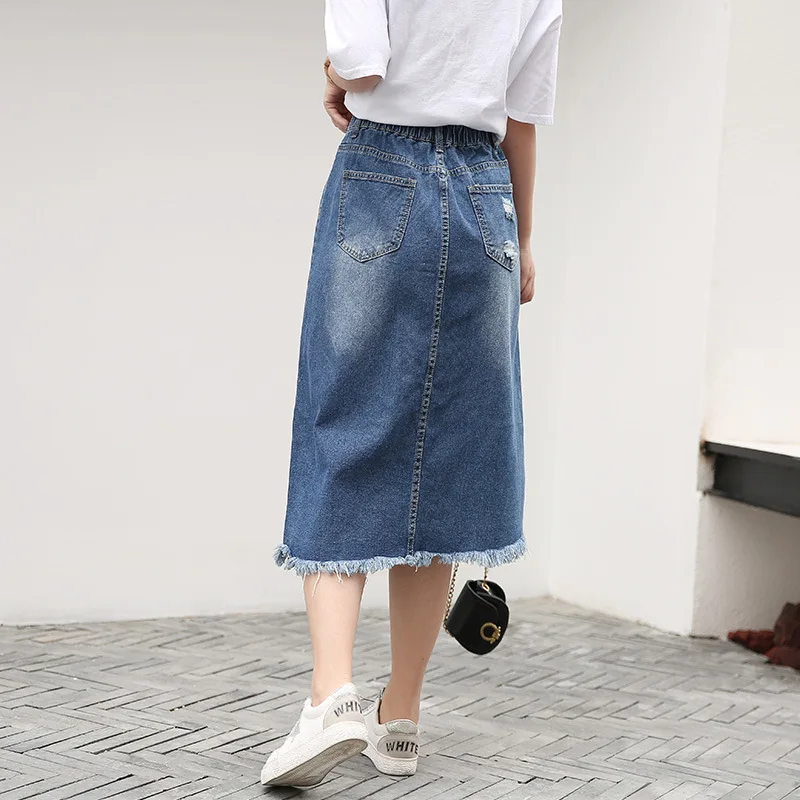 

Korean Woman High Waist Irregular Long Denim Skirts Knee Length Plus Size Womens Elastic Waist Split Jeans Skirt Blue 8XL 7XL