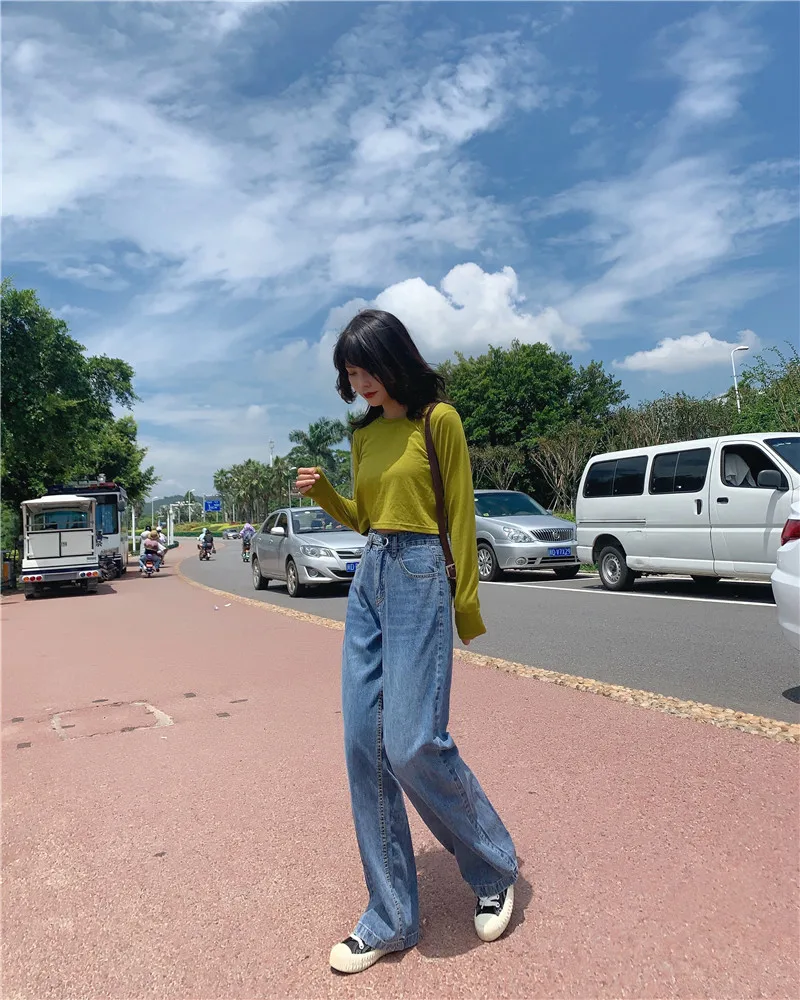 Женские джинсовые брюки с высокой талией повседневные синие прямые длинные в