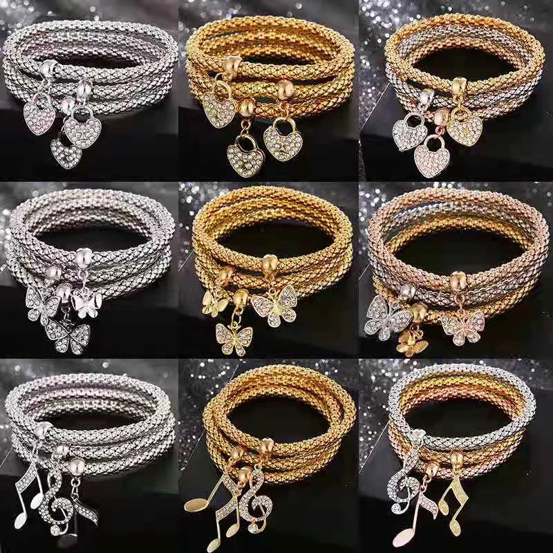 

New Three-Piece Suit Alloy Three-Color Chain Diamond Butterfly Pendant Bracelet Women 2021 Trendy Women's Jewelry Free Shipping