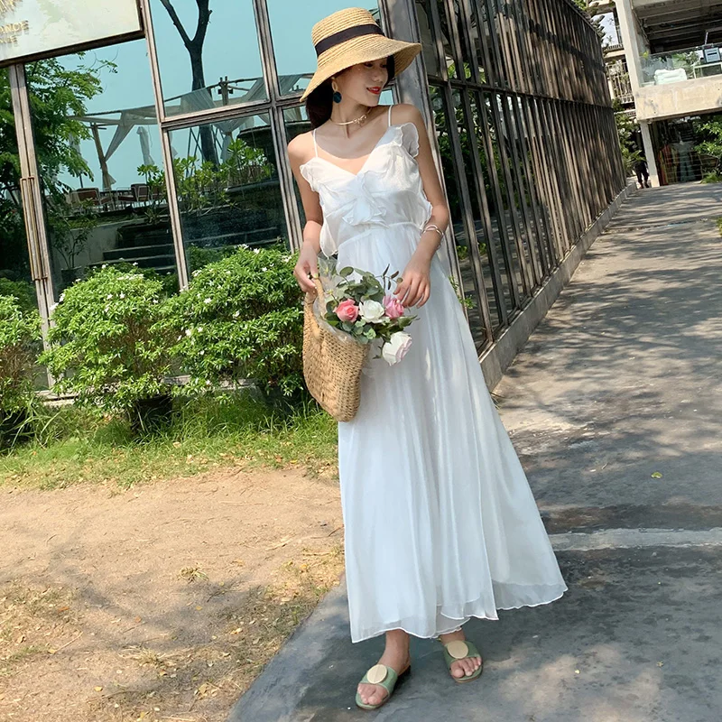 Женский летний сарафан с открытой спиной белое Элегантное Длинное пляжное