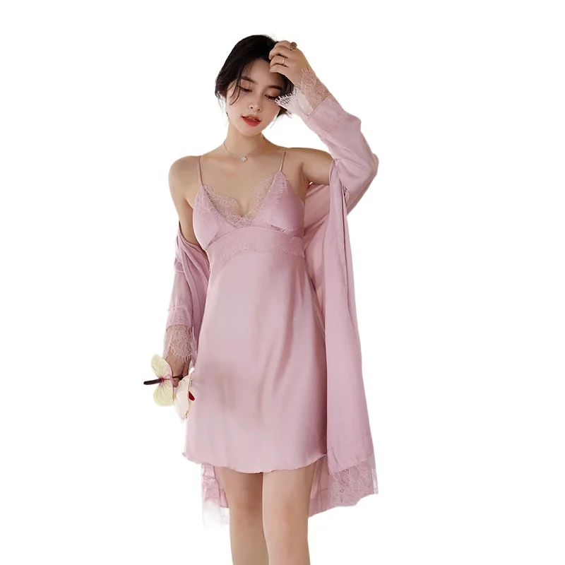

2021 new women's sexy lace suspender robe two piece ice silk nightgown