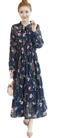 Плиссированное платье с цветочным принтом vestidos largos Осеннее женское со стоячим