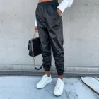 Модные женские свободные однотонные брюки из искусственной кожи с высокой талией, повседневные спортивные брюки с карманами, Длинные шаровары, женские брюки #35