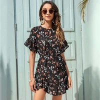 summer women print floral lotus leaf mini dresses high waist loose lace o neck short sleeve ladies holiday party dress