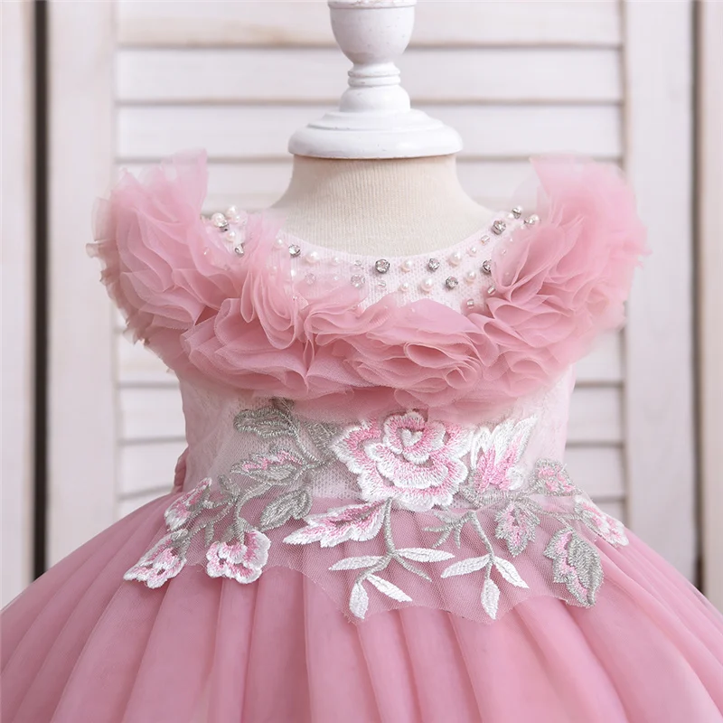 

Outong Girls Party Dresses Kids Princess Waist Embroidered Mesh Folds Baby Ball Gown Dress For 12 Months Children Birthday Party