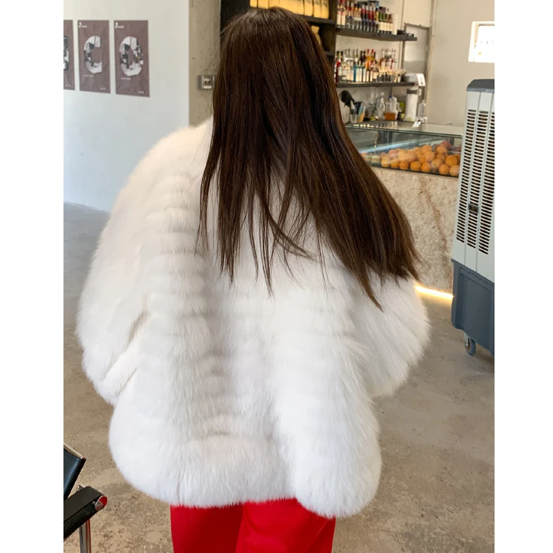 Fashion White Real Fox Fur Coat Stand Collar Winter New Whole Skin Genuine Fox Fur Jacket Luxury Woman Thick Warm Fur Overcoats