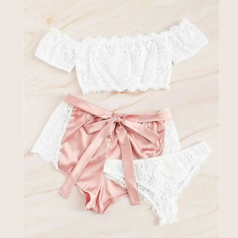 Сексуальный кружевной халат для женщин Babydoll Нижнее Белье для сна бюстгальтер пуш-ап стринги комплект из 3 предметов ночное белье пижамные комплекты