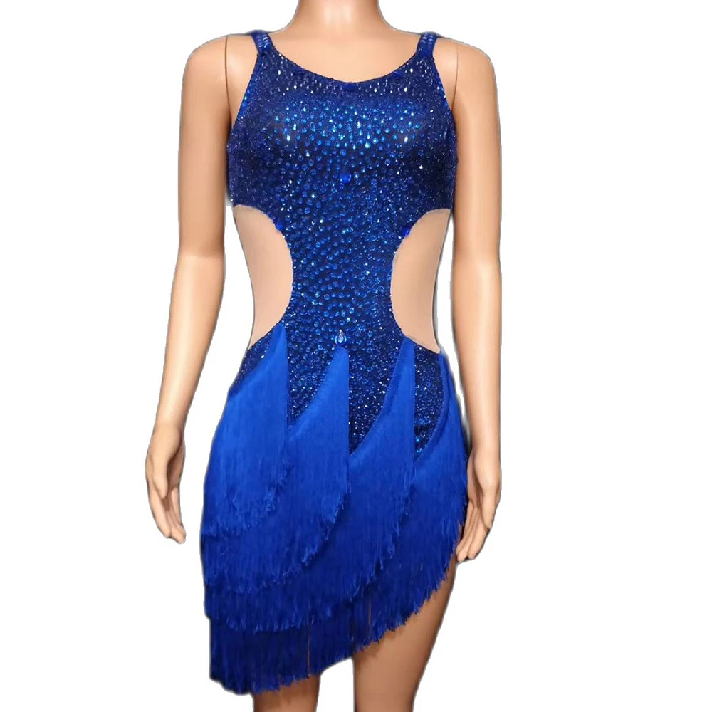 

Синие Блестящие стразы, платья с бахромой, асимметричная одежда без рукавов для выступлений, одежда для латинских платье для танцев, танцевальное