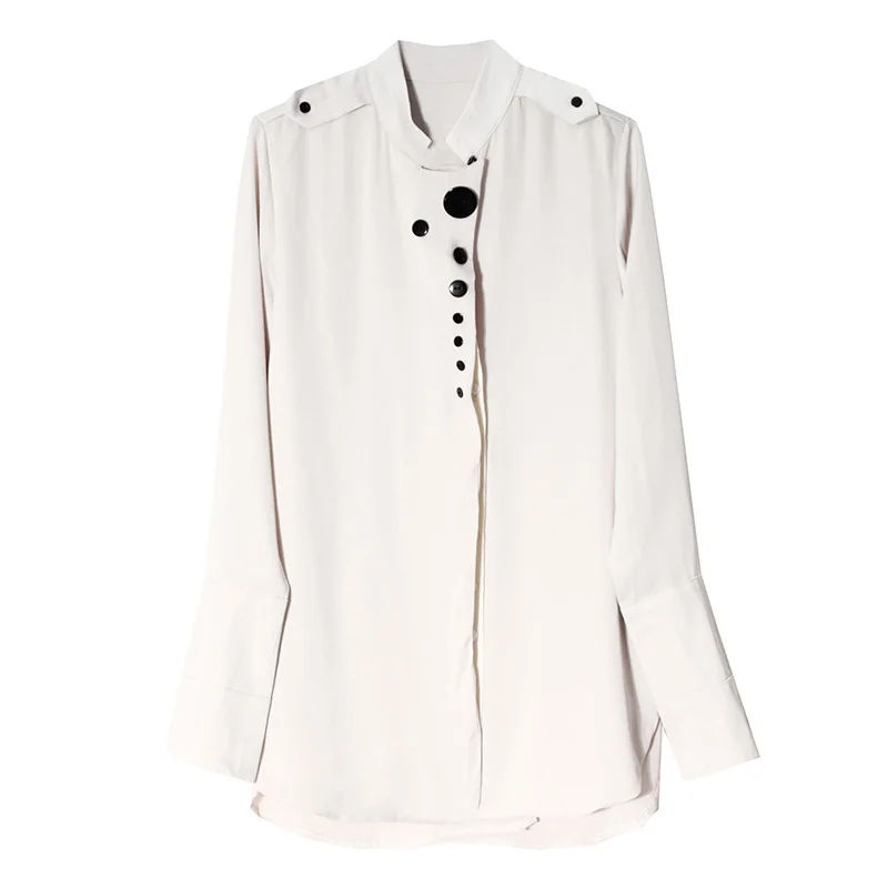 

LANMREM Women Beige Personality Button Big Size Blouse Stand Collar Long Sleeve Shirt Fashion Tide Spring Summer 2021 2E1342
