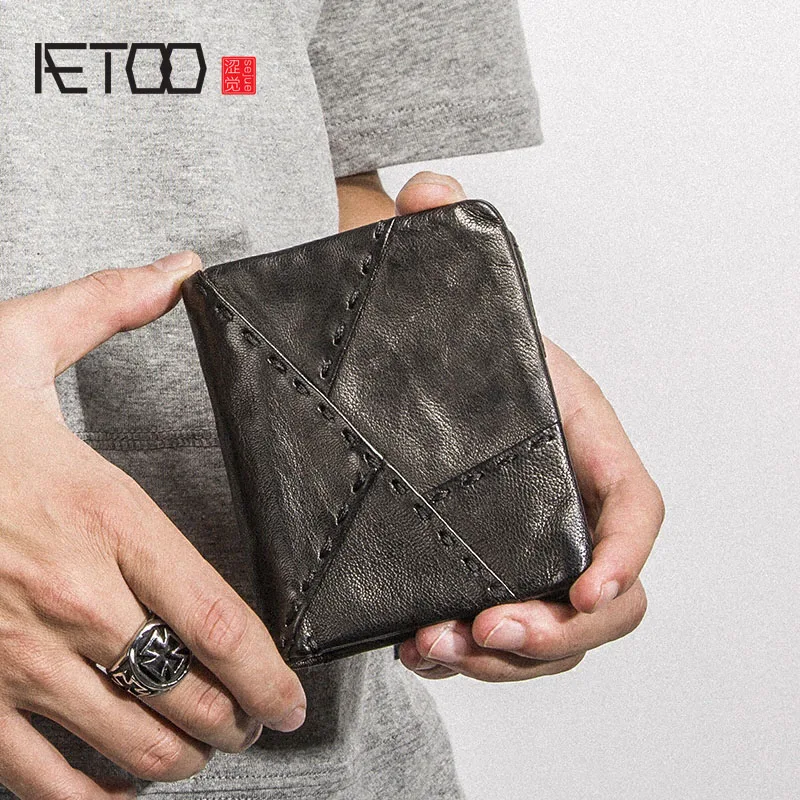 AETOO кожаный бумажник ручной работы, мужской короткий секционный вертикальный кошелек на молнии, мужской кошелек для денег, Молодежный Винтажный Мужской кошелек