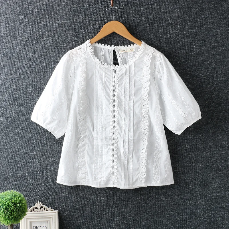 

Summer short sleeve O neck Women Shirt tops Solid embroidery top female