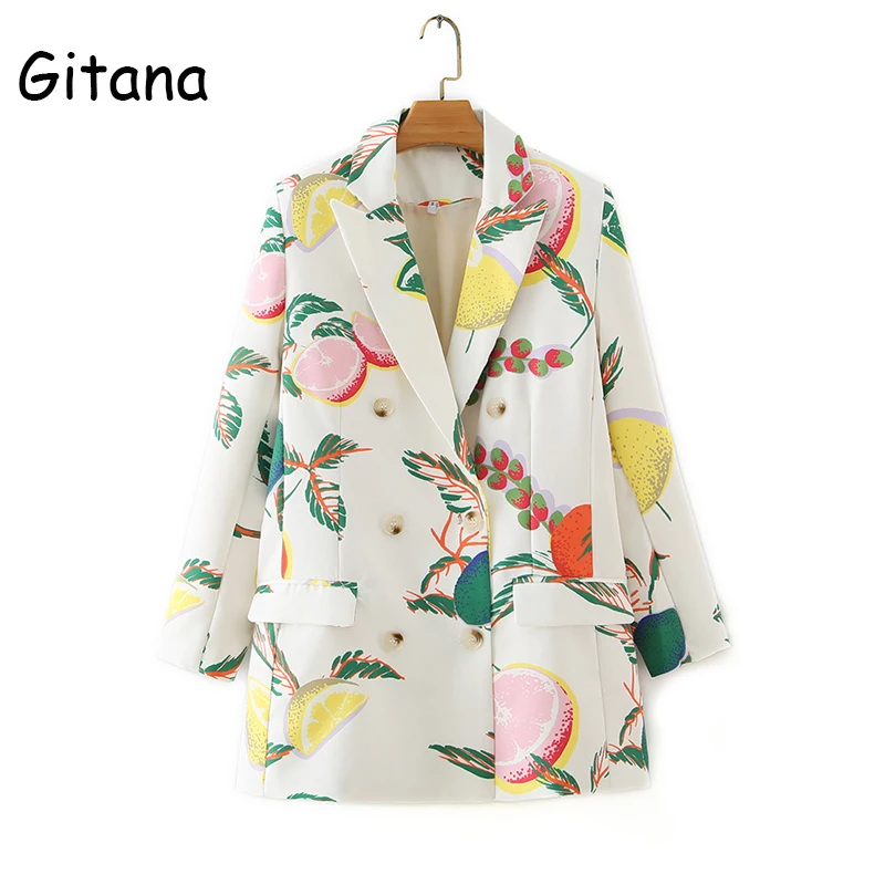 

Gitana 2021 Autumn Y2K Print Blazer Coat Vintage Long Sleeve Pockets Women Elegant Casual Blazer Suit Veste Femme Chic Tops