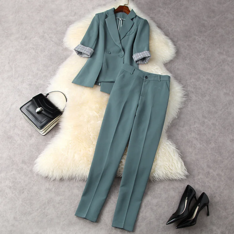 

2021 Double Breasted Coat Five-quarter Sleeves Nine Minutes of Pants Fashion Suits European and American Women's Wear for Spring