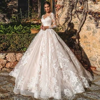 tixlear gorgeous ball gown lace wedding dress bride princess with long sheer sleeves illusion back court train women