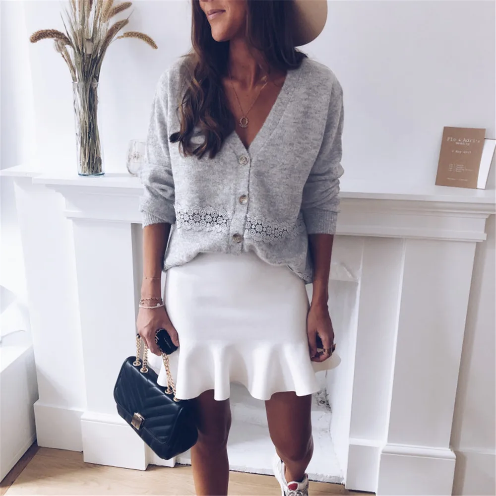 Женский вязаный кардиган с вырезами Однотонный свитер прямой подошвой Модный