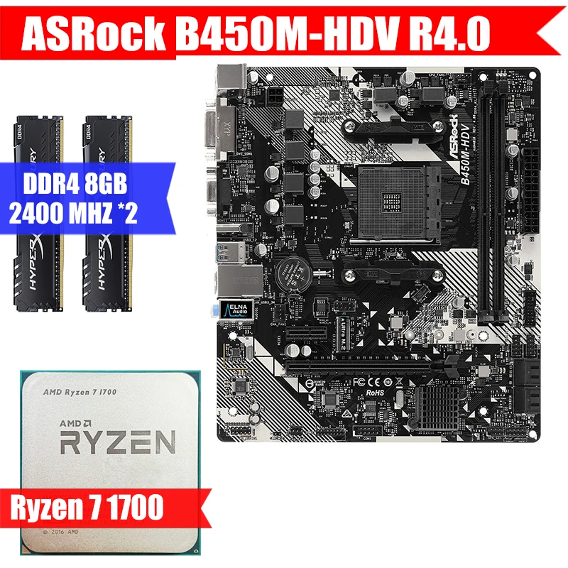 

ASRock B450M-HDV R4.0 & AMD CPU Ryzen 7 1700 & Kingston DDR4 8GB*2 Combination Kit M.2 USB3.0 Socket AM4 M-ATX/5800X/5900x/3200