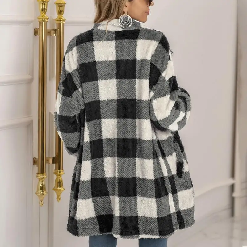 

Women's Casual Thick Plaid Coat Autumn Winter Warm Jacket Christmas Plaid Printing Long Sleeve Buttons Plush Coat