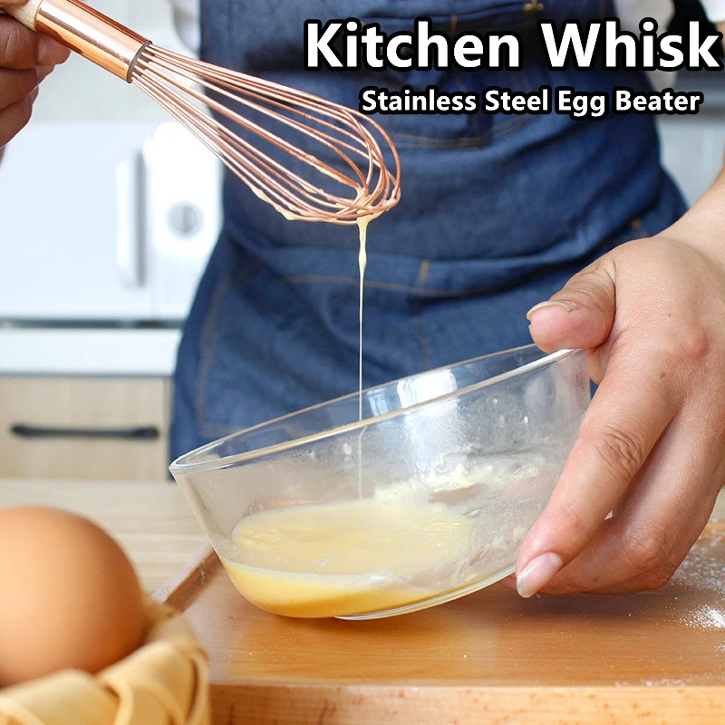 

Whisk With Wooden Handle Small Baking Cream Cake Mixer Stainless Steel Egg Beater Baking Rose Gold Wooden Handle Kitchen Tool