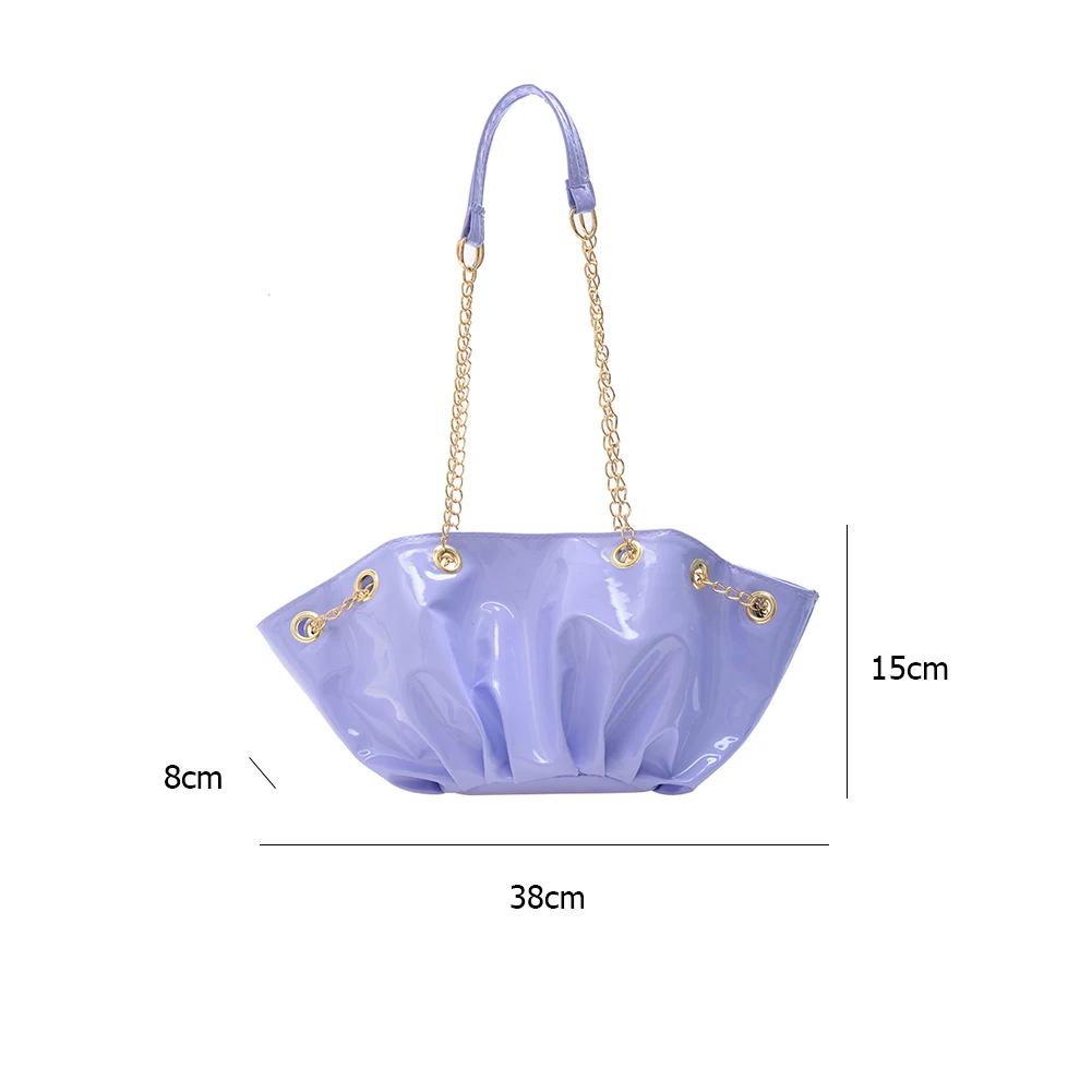 

Solid Color Pleated Tote Shoulder Bag Fashion Soft Patent Leather Women Candy Color Chain Handbag Casual Travel Underarm Bags