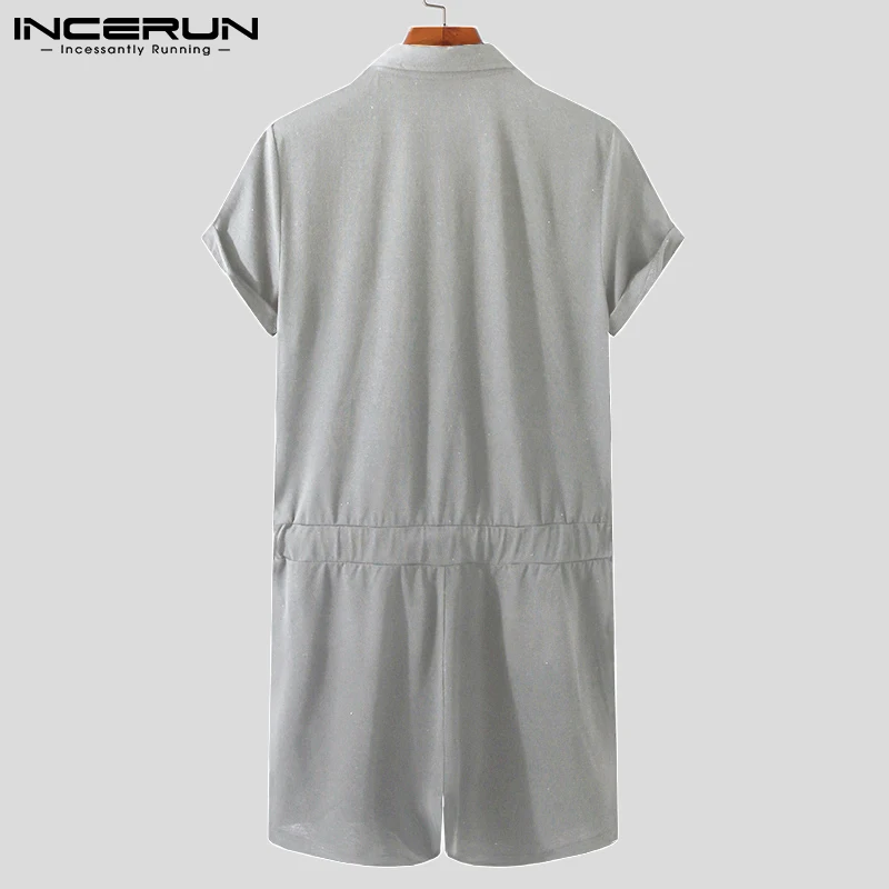 

Summer Men Rompers Solid Color Workout Lapel Short Sleeve Drawstring Casual Jumpsuit Zipper Streetwear 2021 Men Overalls INCERUN