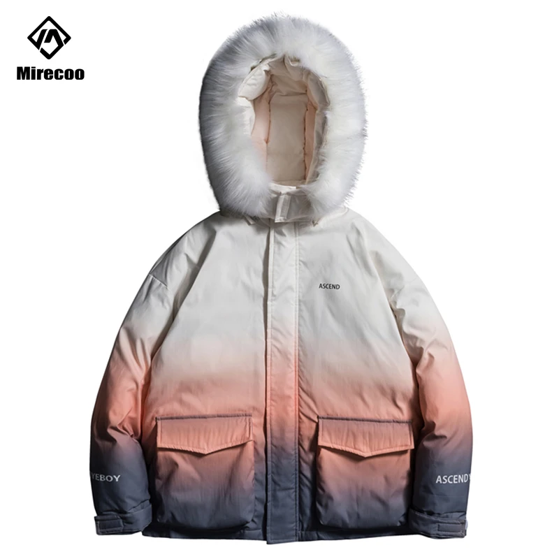 

Gradient Color Padded Puffer Parka Jackets Streetwear Hip Hop Winter Fur Collar Jacket Punk Rock Parkas Hipster Coats Couple