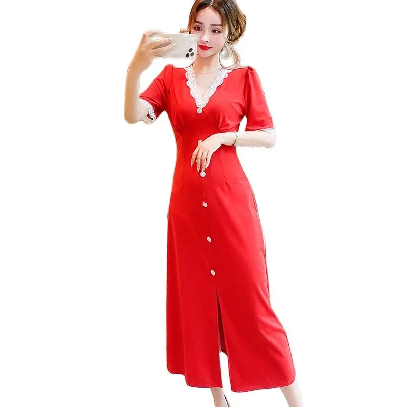 

Women Summer V Neck Long Dresses Fashion Short Sleeve Office Lady High Waist Dress Party Robe vestido de mujer