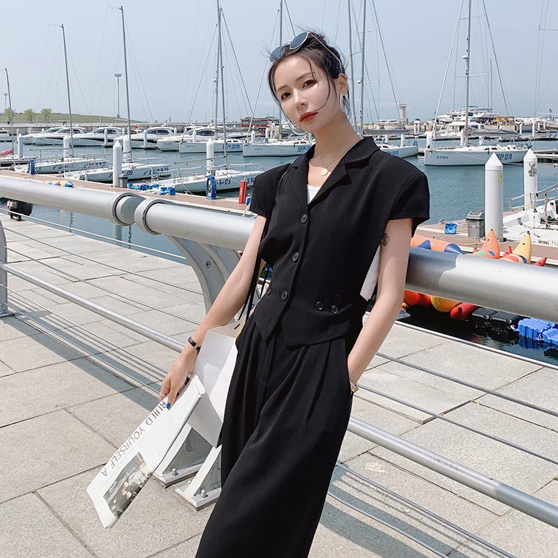 

Summer Women Fashion Elegant Black Suits 2 Piece Sets Short Blazer and Wide Leg Pants Outfits Female Slim Casual Suit Coat 2021