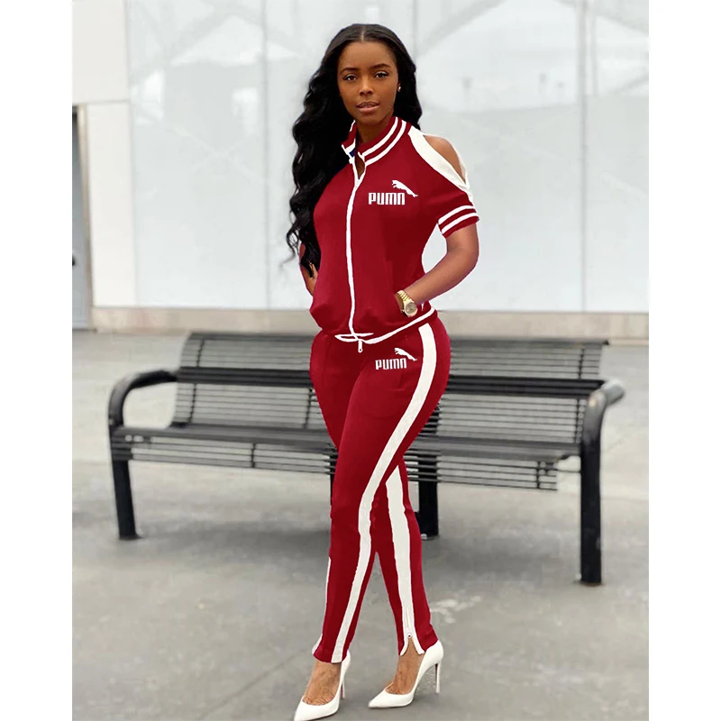 

Women's elegant solid color suit, women's short sleeve Pullover and trousers fashion two-piece women's lace sportswear suit