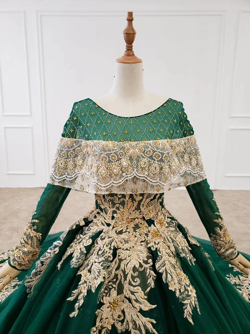 Dark Green Long Evening Dresses Gold Lace Appliques Bead Crystal Dubai Arabic Evening Dress Plus Size Puffy Vestido Longo Festa
